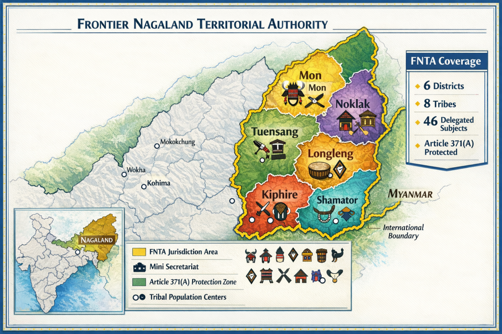 Peta administratif Frontier Nagaland Territorial Authority FNTA mencakup enam 
distrik timur Nagaland Mon Tuensang Kiphire Longleng Noklak Shamator berbatasan 
Myanmar dengan perlindungan Article 371A dan 46 subjek kewenangan delegasi