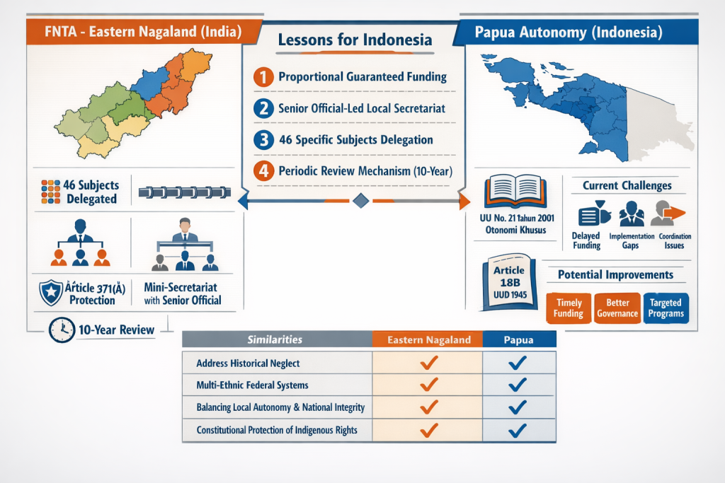 Infografis komparatif model FNTA India Nagaland dengan Otonomi Khusus Papua 
Indonesia menunjukkan pelajaran berharga: alokasi finansial proporsional tanpa 
penundaan, mini-secretariat efisien, 46 subjek spesifik, review berkala sesuai 
UU No 21 Tahun 2001 dan Article 18B UUD 1945