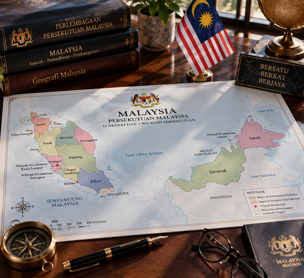Malaysia, Satu-Satunya Negara Federasi di Asia Tenggara 2 Peta kartografi wilayah federasi Malaysia menunjukkan pembagian 13 negeri dan 3 wilayah persekutuan.