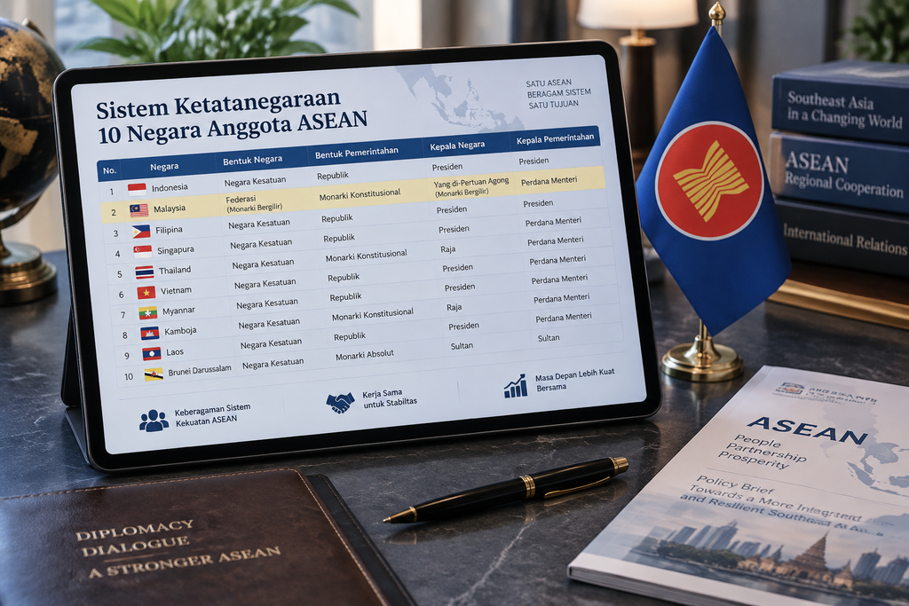 Malaysia, Satu-Satunya Negara Federasi di Asia Tenggara 4 Tablet menampilkan tabel perbandingan sistem pemerintahan 10 negara anggota ASEAN menyoroti bentuk federasi Malaysia.