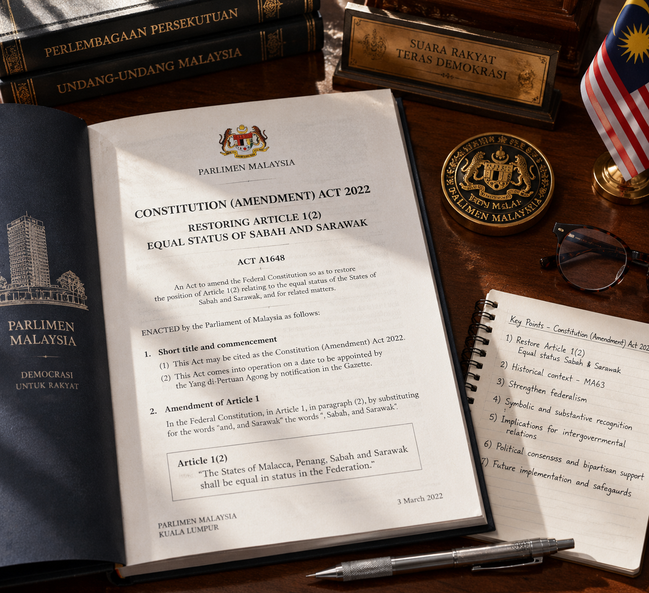 Malaysia, Satu-Satunya Negara Federasi di Asia Tenggara 5 Dokumen naskah amandemen Konstitusi Federal Malaysia Pasal 1 ayat 2 pemulihan status setara Sabah dan Sarawak.