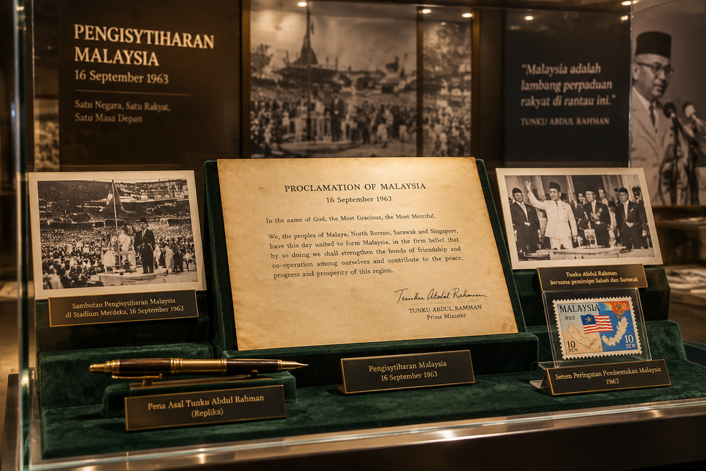 Malaysia, Satu-Satunya Negara Federasi di Asia Tenggara 6 Naskah dokumen Deklarasi Proklamasi Malaysia 16 September 1963 oleh Tunku Abdul Rahman di museum sejarah.