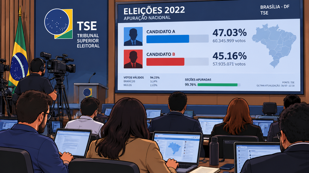 Brasil Negara Federasi, Lula Lawan Flávio Bolsonaro di Putaran Kedua 25 Okt 2 Layar monitor ruang media di Mahkamah Pemilu (TSE) menampilkan tabulasi grafik persentase suara putaran pertama yang sangat ketat.