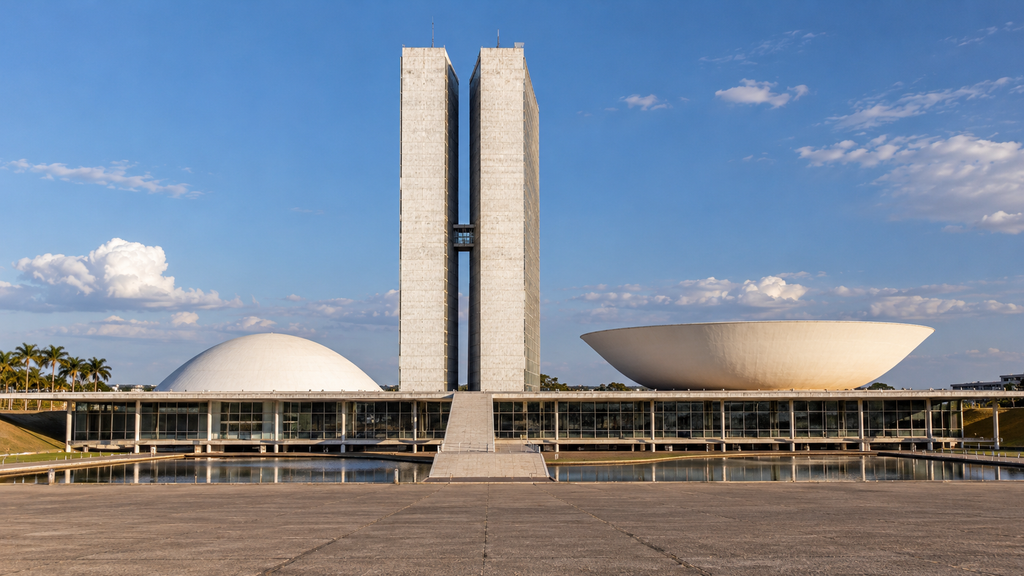 Brasil Negara Federasi, Lula Lawan Flávio Bolsonaro di Putaran Kedua 25 Okt 5 Fasad arsitektur Gedung Kongres Nasional di Brasília dengan kubah ganda dan menara kembar yang melambangkan kekuasaan federal.