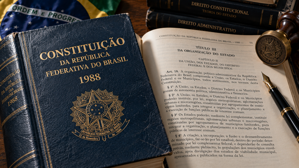 Brasil Negara Federasi, Lula Lawan Flávio Bolsonaro di Putaran Kedua 25 Okt 6 Buku resmi Konstitusi Republik Federatif Brasil 1988 terbuka di atas meja kayu dengan stempel resmi kelembagaan negara.