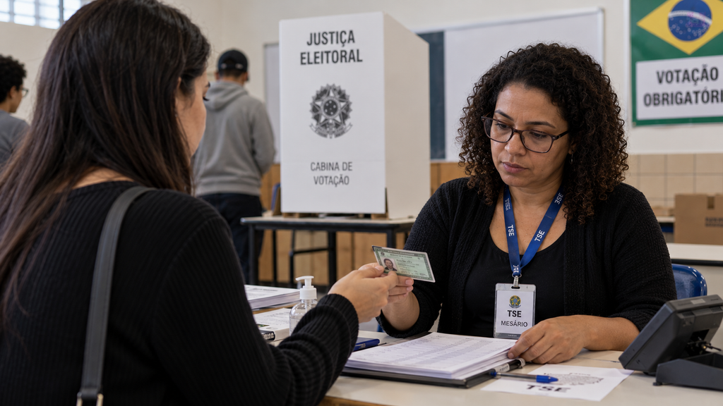 Brasil Negara Federasi, Lula Lawan Flávio Bolsonaro di Putaran Kedua 25 Okt 8 Petugas TPS di Brasil memverifikasi kartu identitas berfoto pemilih di meja pendaftaran sebelum pemilih menuju bilik suara.