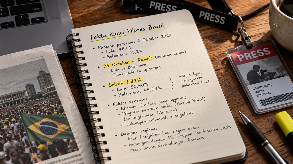 Brasil Negara Federasi, Lula Lawan Flávio Bolsonaro di Putaran Kedua 25 Okt 10 Buku catatan spiral jurnalis berisi ringkasan tulisan tangan tujuh fakta penting pemilu Brasil putaran kedua di samping pena.