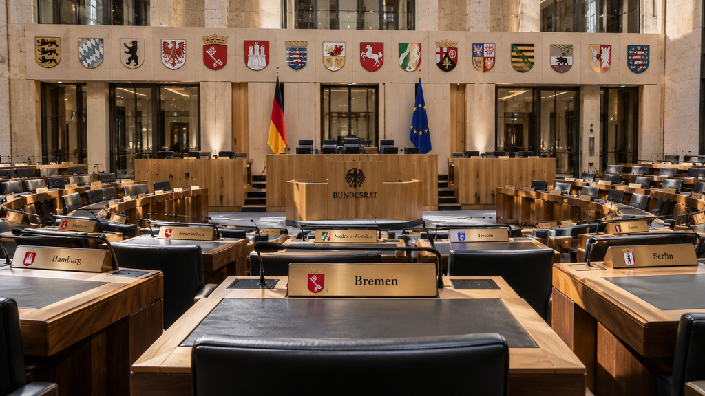 Ternyata Hari Persatuan Jerman 2026 Dirayakan di Negara Bagian Bremen 4 Ruang sidang pleno Bundesrat di Berlin memperlihatkan kursi delegasi 16 negara bagian Jerman berdasarkan aturan Königstein.
