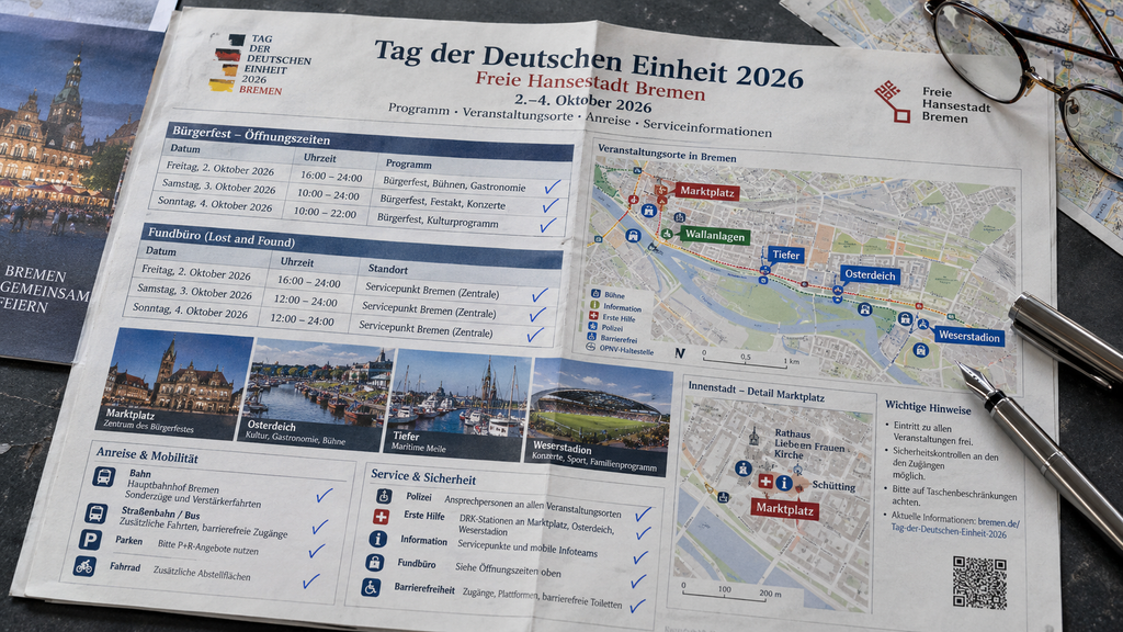 Ternyata Hari Persatuan Jerman 2026 Dirayakan di Negara Bagian Bremen 6 Lembar ringkasan program resmi Tag der Deutschen Einheit 2026 tergeletak di meja kayu dengan stempel Senatskanzlei Bremen.